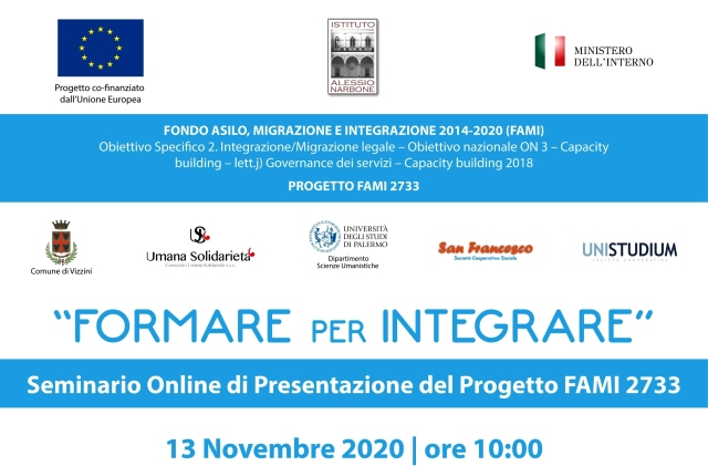 Seminario Online di Presentazione del Progetto FAMI 2733 - “Formare per Integrare”. Venerdì 13 Novembre, alle 10